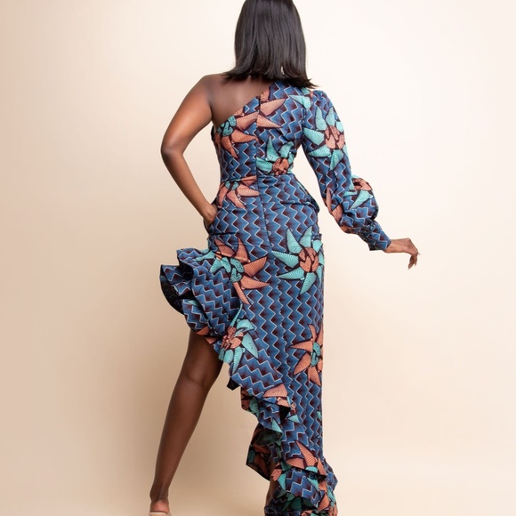 One-sleeve Ruffle African Print Hi-low Dress - Picture 5 of 5